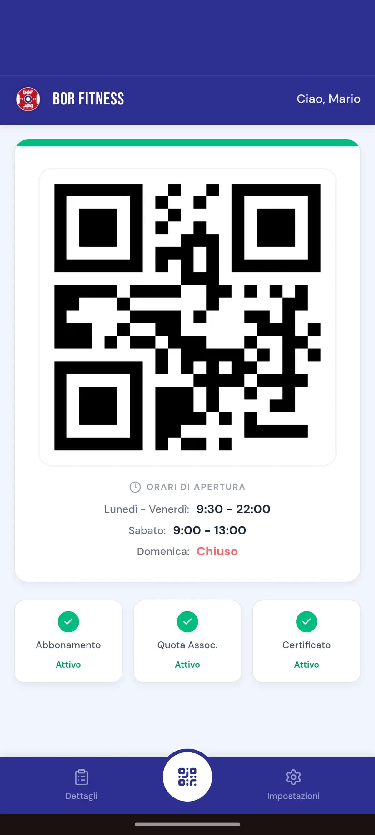 App cliente Bor Fitness con QR code di ingresso